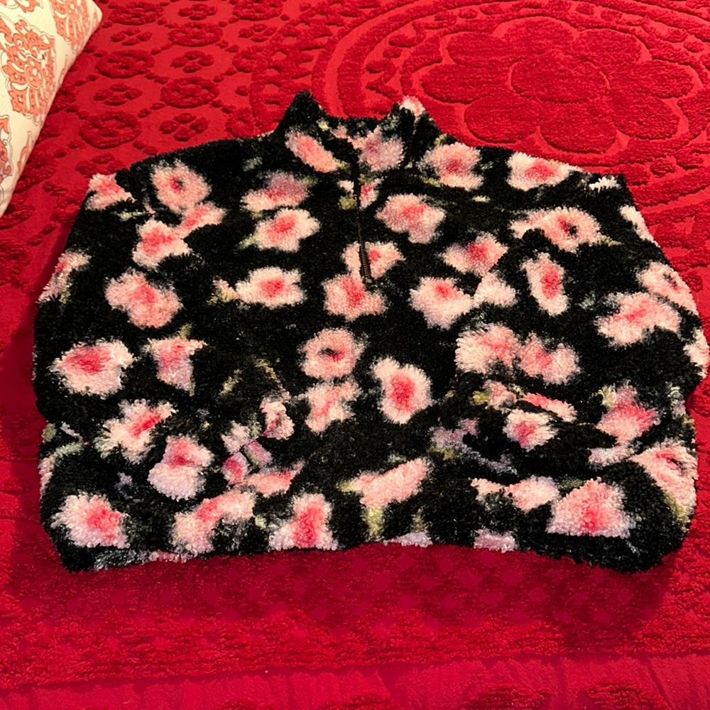 Sandy Liang x Target Floral Black Teddy Sherpa Half Zip Jacket